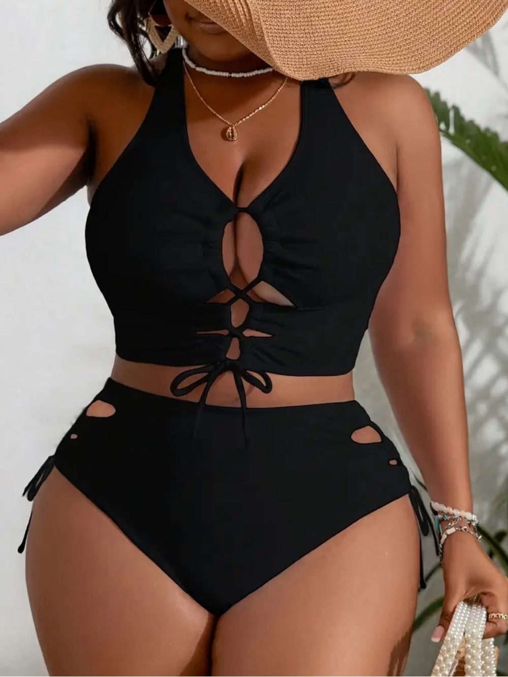 NEW❤️Black Lace-Up Two-Piece Swimsuit